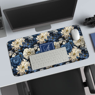 Premium Blau Witte Bloemen Aangepaste Naam Bureaum Bureaumat