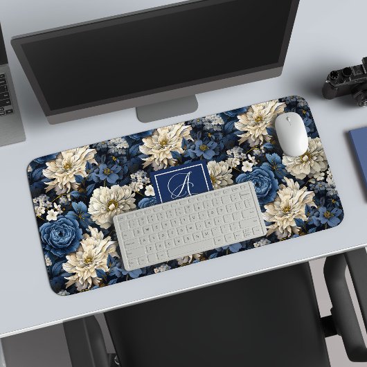 Premium Blau Witte Bloemen Aangepaste Naam Bureaum Bureaumat