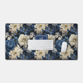 Premium Blau Witte Bloemen Aangepaste Naam Bureaum Bureaumat (Keyboard & Muis)
