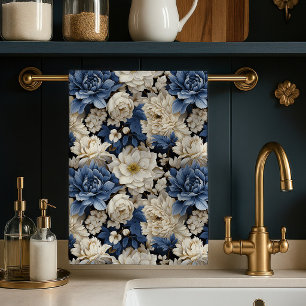 Premium Blauw Wit Ivoor Bloem Keukenhanddoek Deco