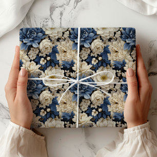 Premium Blauw Wit Ivoor Bloem Luxe Inpakpapier