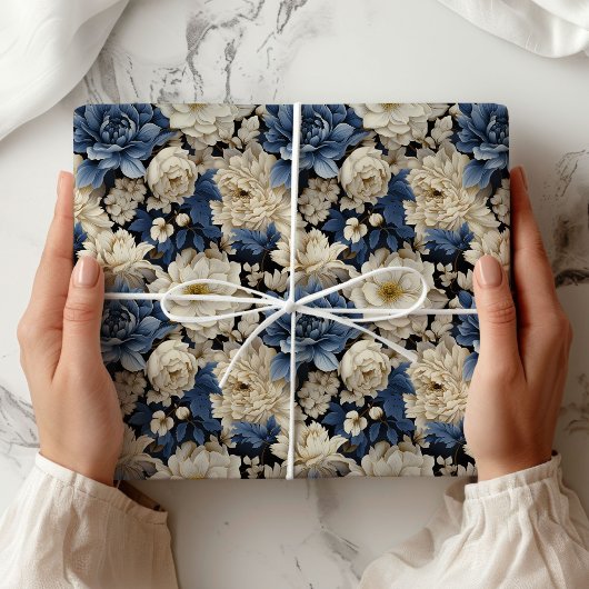 Premium Blauw Wit Ivoor Bloem Luxe Inpakpapier