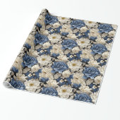 Premium Blauw Wit Ivoor Bloem Luxe Inpakpapier (Uitgerold)