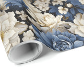 Premium Blauw Wit Ivoor Bloem Luxe Inpakpapier (Rol Hoek)