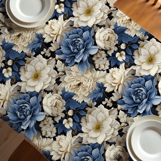 Premium Blauw Wit Ivoor Bloemendeken Tafelkleed