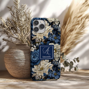 Premium Blauwe en Witte Bloemen Luxe Hoesje
