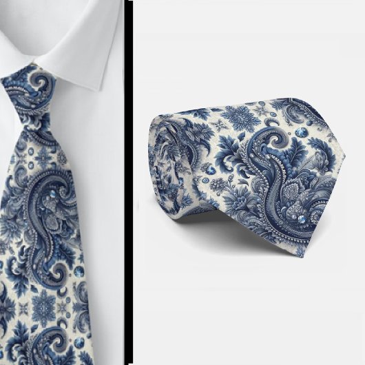 Premium blauwe en witte diamanten paisley das