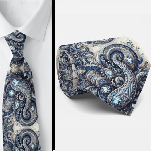 Premium blauwe en witte diamanten paisley das