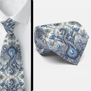 Premium blauwe en witte diamanten paisley das