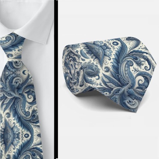 Premium blauwe en witte paisley das