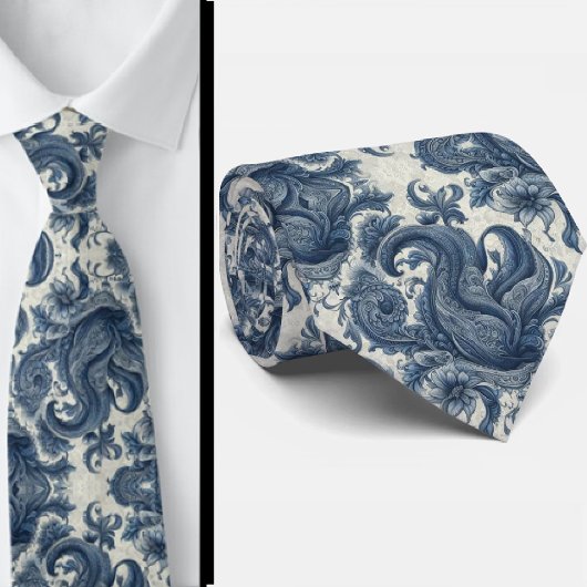 Premium blauwe en witte paisley stropdas