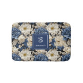 Premium Blauwe Witte Bloemen Aangepaste Naam Badma Badmat (Voorkant)