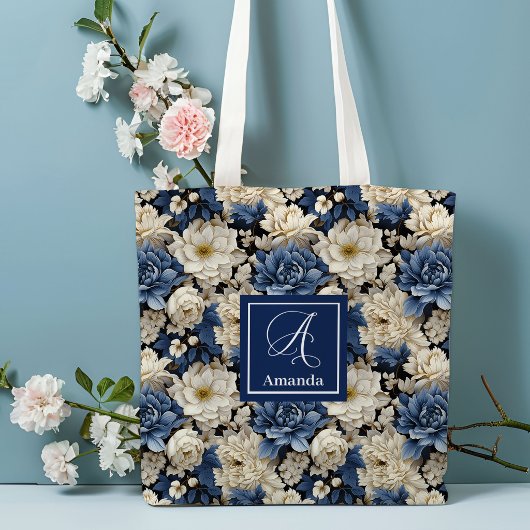 Premium Blauwe Witte Bloemen Aangepaste Naam Boods Tote Bag