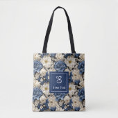 Premium Blauwe Witte Bloemen Aangepaste Naam Boods Tote Bag (Voorkant)