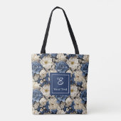 Premium Blauwe Witte Bloemen Aangepaste Naam Boods Tote Bag (Achterkant)