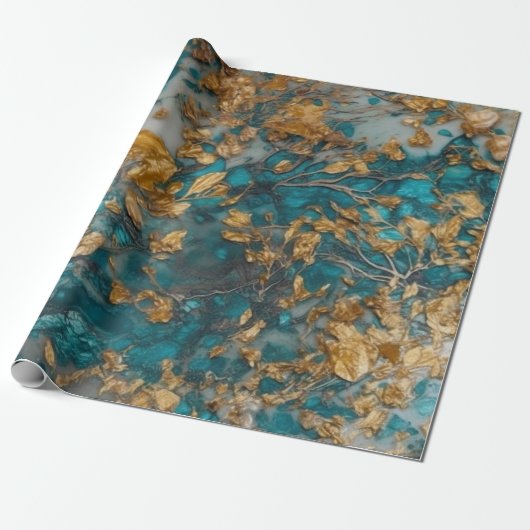 Premium Blauwgroen en Gold Acrylzuur naadloos Cadeaupapier (Uitgerold)