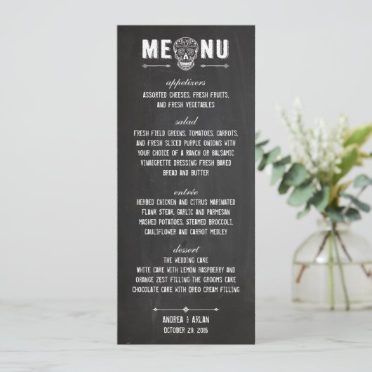 Premium Chalkboard suikerschedel menusje 4 x 9,25 Menu (Staand voorkant)