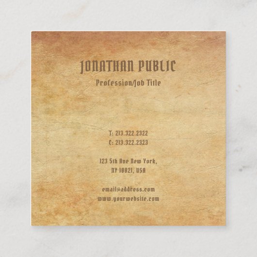 Premium dikke nostalgische oude papier look Sjablo Vierkante Visitekaartje (Achterkant)