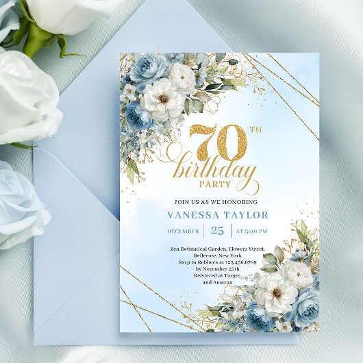 Premium dusty blue florals gold frame 70 birthday kaart