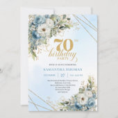 Premium dusty blue florals gold frame 70 birthday kaart (Voorkant)