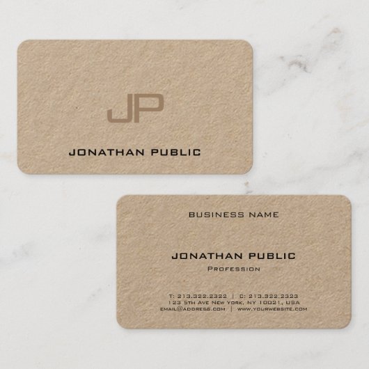 Premium Echt Kraft Papier Elegant Monogram Visitekaartje (Voorkant / Achterkant)