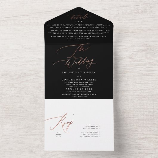 Premium - Elegant Black Simple Roos Gold Wedding All In One Uitnodiging (Binnen)