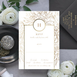 Premium - Elegant Gold Monogram Wreath Wedding RSVP Kaartje