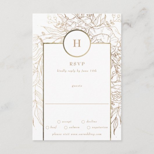 Premium - Elegant Gold Monogram Wreath Wedding RSVP Kaartje (Voorkant)