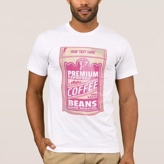 Premium espresso koffiebonen roze voedsel pop kuns t-shirt (Voorkant)