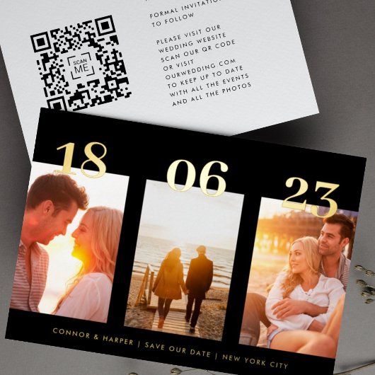 Premium GOLD Drie Foto QR CODE Save The Date Folie Uitnodiging