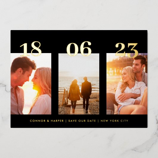 Premium GOLD Drie QR-fotoCODE sparen de datum Folie Uitnodiging (Voorkant)