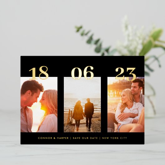 Premium GOLD Drie QR-fotoCODE sparen de datum Folie Uitnodiging (Staand Voorkant)