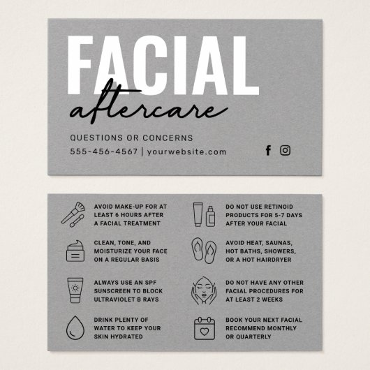 Premium - Gray Facial Aftercare Instructions Kaart (Voorkant /achterkant)
