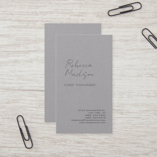 Premium grijs modern, handgeschreven script visitekaartje (Voorkant / Achterkant in situ)
