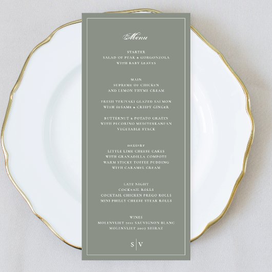 Premium ingelijste saliegroene monogram bruiloft menu