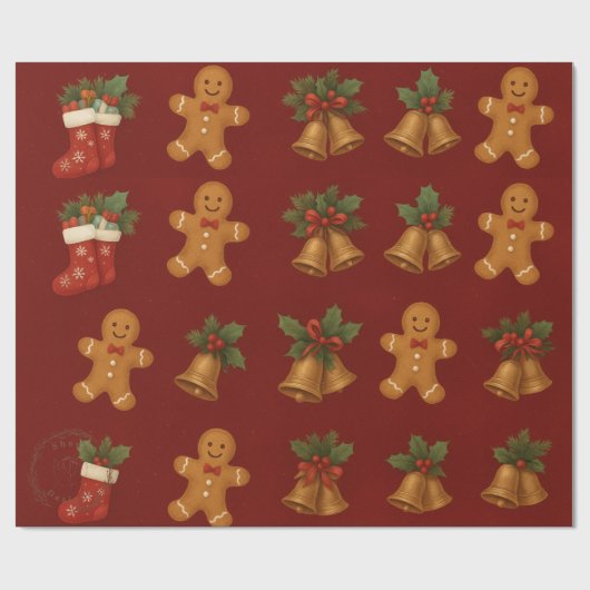 Premium Kerstpapier – Ontbijtkoek & Bellen Cadeaupapier (Vlak)
