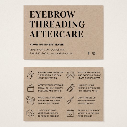 Premium Kraft Eyebrow Threading Aftercare Kaart (Voorkant /achterkant)