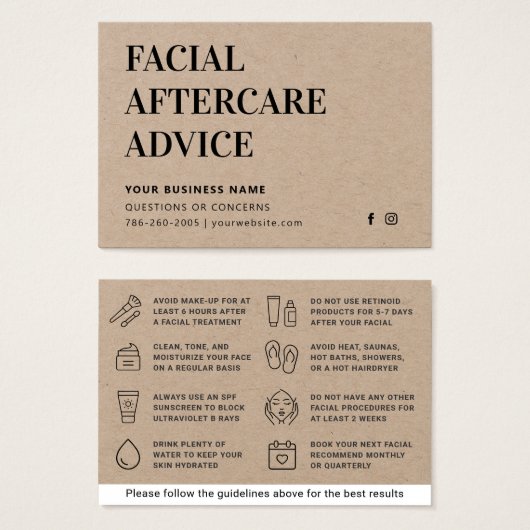 Premium Kraft Facial Aftercare Instructions Kaart (Voorkant /achterkant)