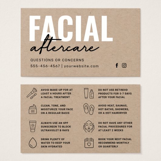 Premium Kraft Facial Aftercare Instructions Kaart (Voorkant /achterkant)
