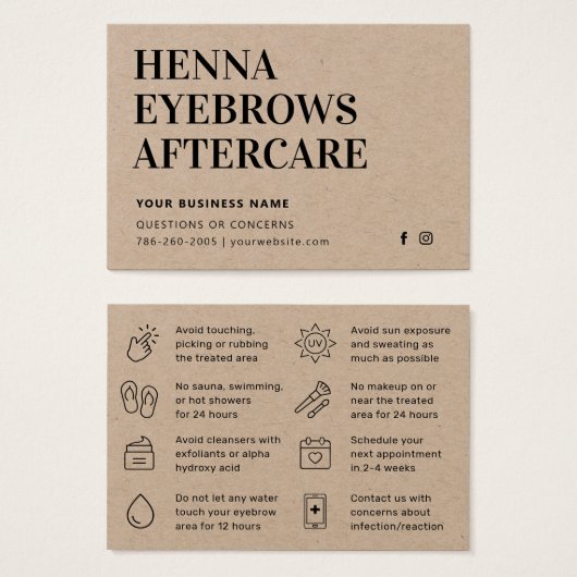 Premium Kraft Henna Brows Aftercare Kaart Advice (Voorkant /achterkant)