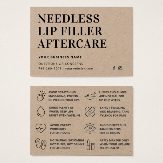 Premium Kraft Needles Lips Filler Aftercare Kaart (Voorkant /achterkant)