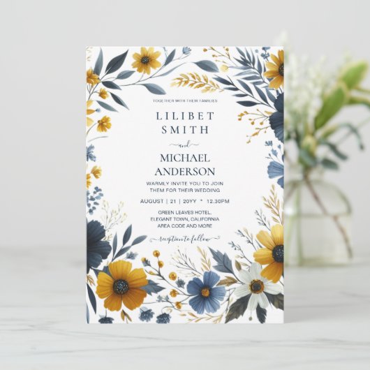 Premium Marine Blauw Geel Goud Bloemen Bruiloft Kaart (Staand voorkant)