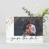 Premium | Modern Black Forever Photo Gold Floral Save The Date (Staand voorkant)