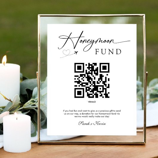 Premium Modern Honeymoon Fund QR Code Bruiloft Reclamebord Met Voetstuk