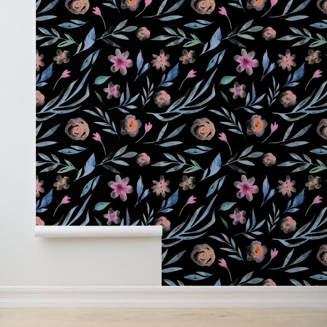 Premium Modern | Waterverf bloemen op zwart Behang (Applicatie)