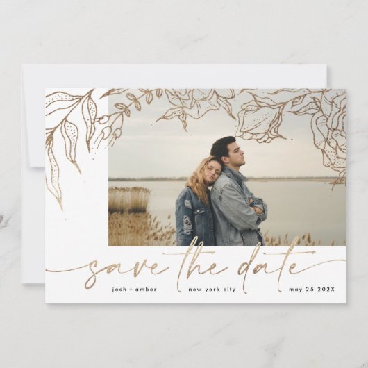 Premium | Modern White Forever Photo Gold Floral Save The Date (Voorkant)
