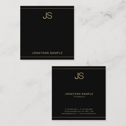 Premium Monogram Elegant Zwart Goud Luxe Zijde Vierkante Visitekaartje (Voorkant / Achterkant)