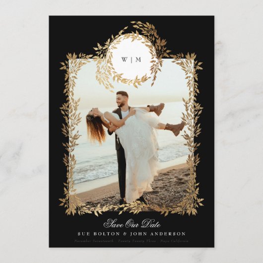 Premium Monogram Gold Botanical Wreath Photo Lijst Save The Date (Voorkant)