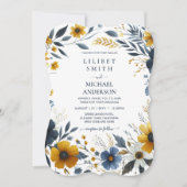 Premium Navy Blauw Geel Goud Bloem Bruiloft Kaart (Voorkant)