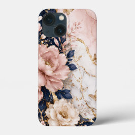 Premium Navy Blauwe & Roze Botanische Marmer Case-Mate iPhone Case